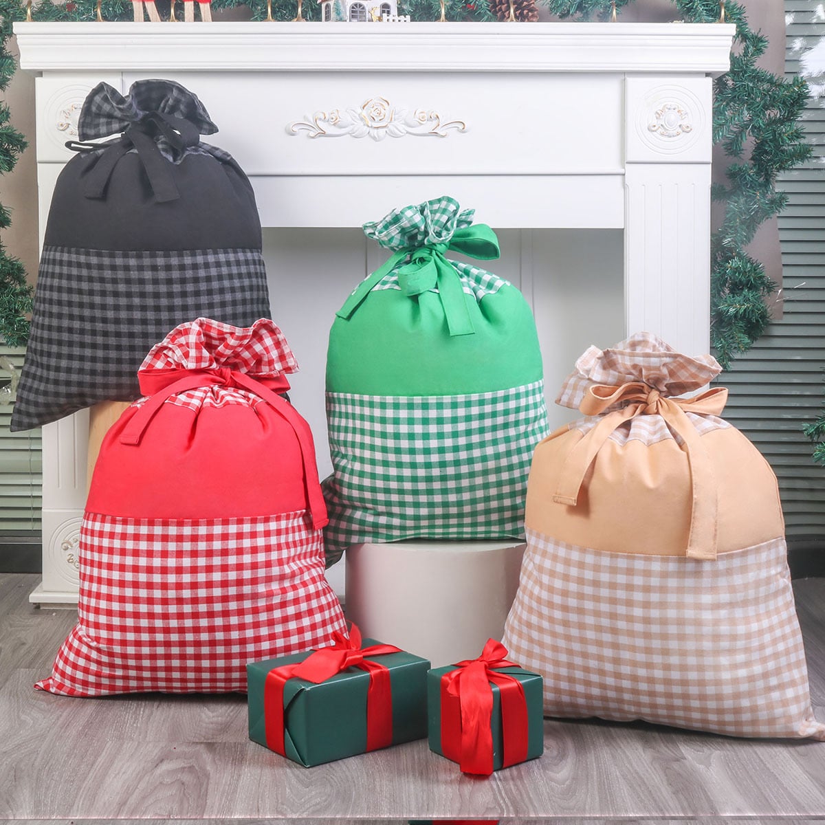 RTS • Wholesale Gingham Stripe Santa Sack & Stockings